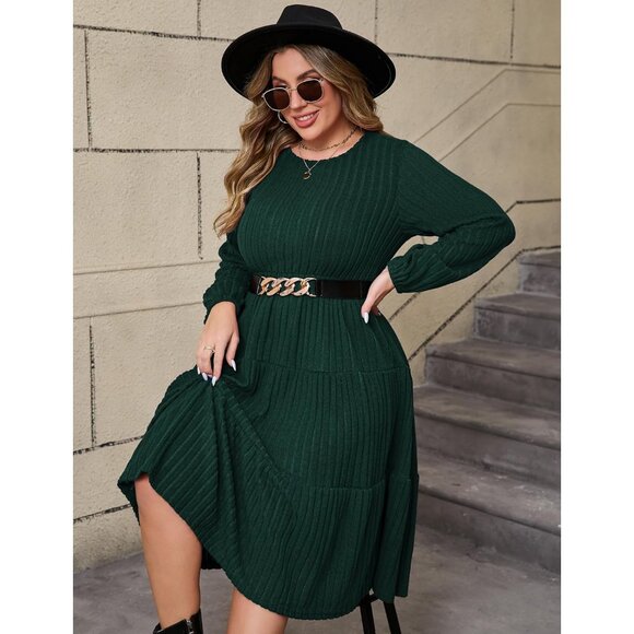 Women Plus Size Knit Sweater Dress Winter Midi with Belt Long Sleeves - Picture 5 of 6